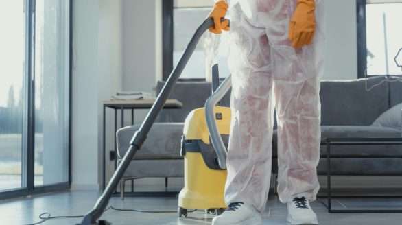 A cleaner in protective coveralls and gloves vacuuming a modern living room.